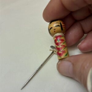 Hatobus Hand-Painted Wooden Kokeshi Doll Stick Pin in Natural, Red, Green, Black
